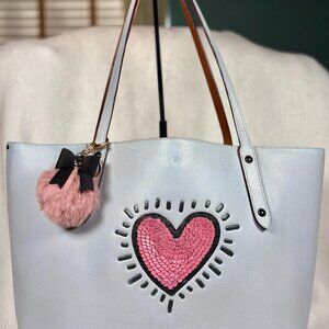 Coach Rare Keith Haring Sequins Heart Market Tote with Charms, Ice Blue  (2018)